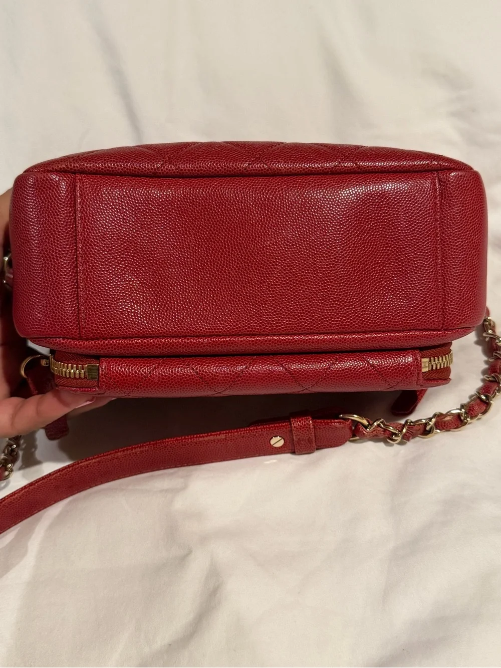 CHANEL Red Quilted Leather Camera Crossbody with Gold Hardware
